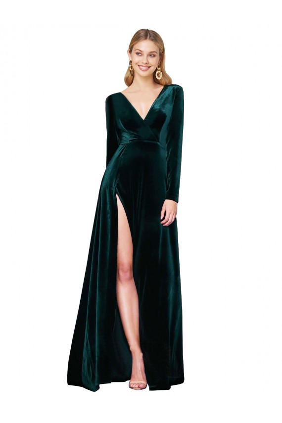Deep V-Neck Long Sleeves Velvet Evening Dress with High Side Split