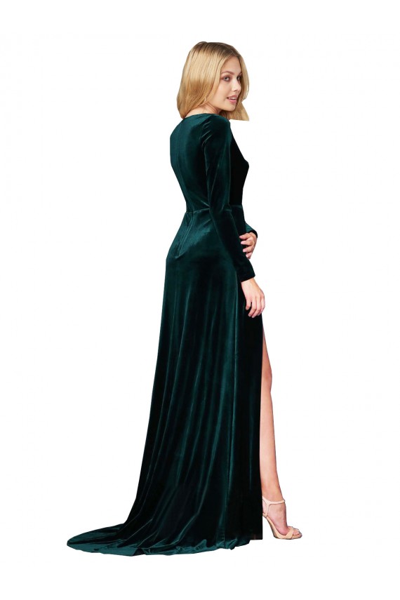 Deep V-Neck Long Sleeves Velvet Evening Dress with High Side Split