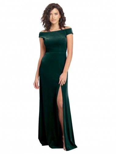 Floor Length Cap Sleeves Long Velvet Evening Dress with High Side Slit