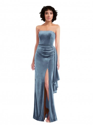 Strapless Velvet Evening Maxi Dress with Draped Skirt