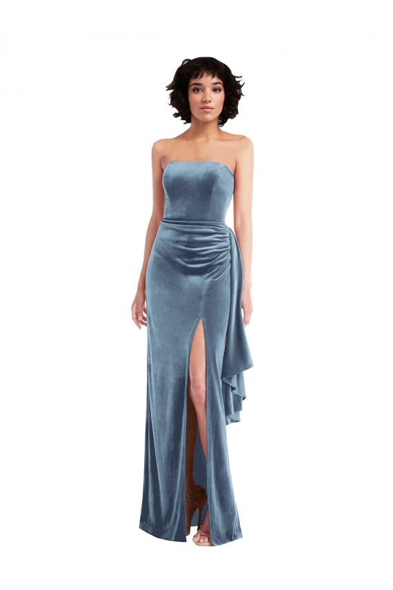 Strapless Velvet Evening Maxi Dress with Draped Skirt