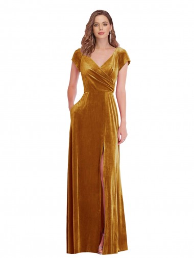 Cap Sleeve Faux Wrap Velvet Evening Maxi Dress with Pockets