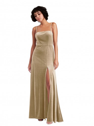Square Neck Velvet Evening Maxi Dress with Front Slit & Pocket