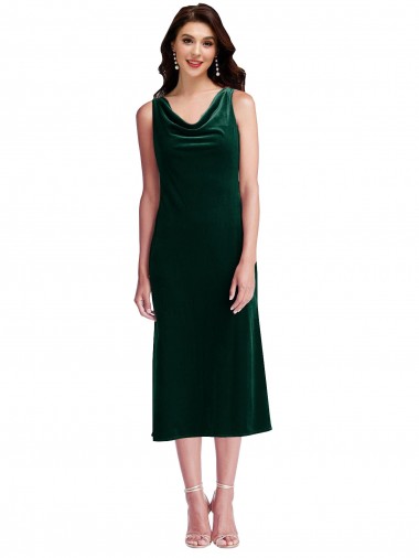 Cowl Neck Velvet Midi Length Cocktail Evening Dress