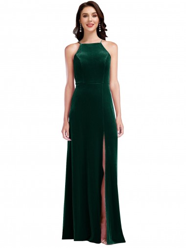 Velvet Halter Evening Maxi Dress with Front Slit