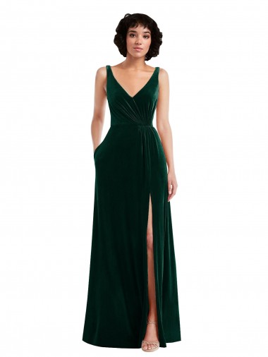 Floor Length Velvet Evening Maxi Dress with Shirred Bodice and Front Slit