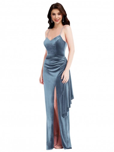 Spaghetti Strap Velvet Evening Maxi Dress with Draped Skirt