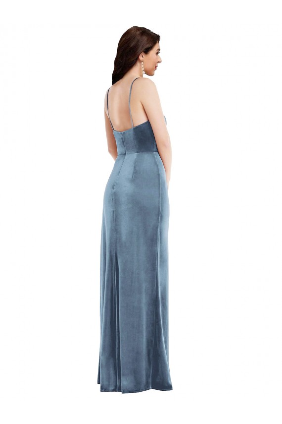 Spaghetti Strap Velvet Evening Maxi Dress with Draped Skirt