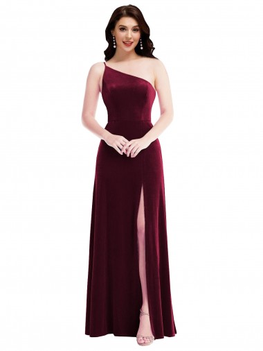 One Shoulder Spaghetti Strap Velvet Evening Maxi Dress with Pockets