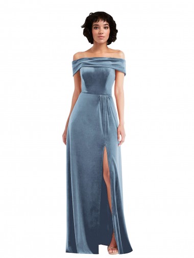 Draped Cuff Off the Shoulder Velvet Evening Maxi Dress with Pockets