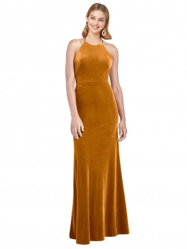 Halter Neckline Long Full Length Velvet Evening Dress with Strappy Back