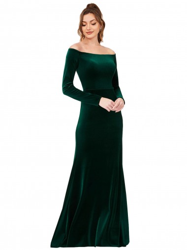 Off the Shoulder Long Sleeves Stretch Velvet Evening Dress