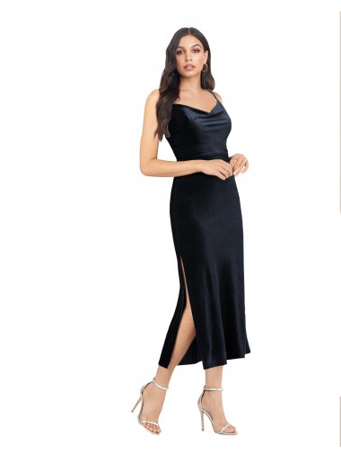 Midi Length Velvet Cocktail Evening Dress with Cowl Neck and Spaghetti Straps
