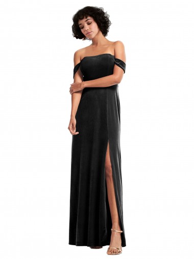 Off the Shoulder Drapped Sleeves Stretch Velvet Evening Dress