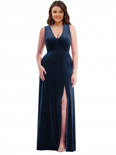 Deep V-Neck Sleeveless Velvet Evening Maxi Dress with Pockets