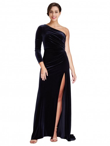 One Sleeve Long Velvet Evening Dress with Thigh High Split