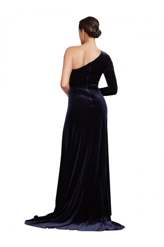 One Sleeve Long Velvet Evening Dress with Thigh High Split