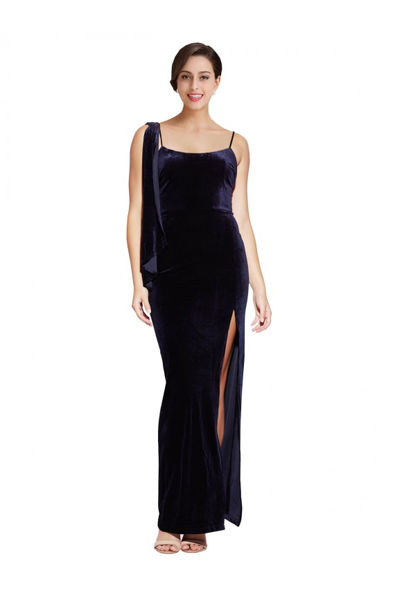 Long Velvet Evening Dress with Side Thigh Split and Shoulder Tie
