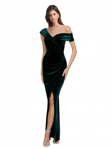 Long Asymmetric Neckline Ruched Velvet Evening Dress