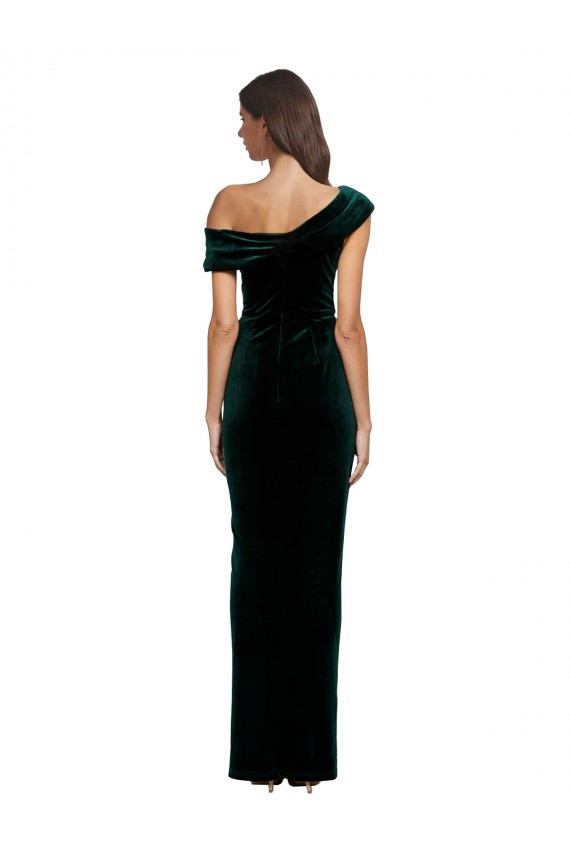 Long Asymmetric Neckline Ruched Velvet Evening Dress