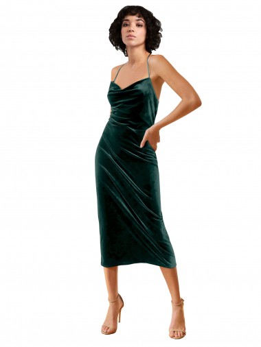 Midi Length Sleek Cowl Neckline Short Velvet Cocktail Evening Dress